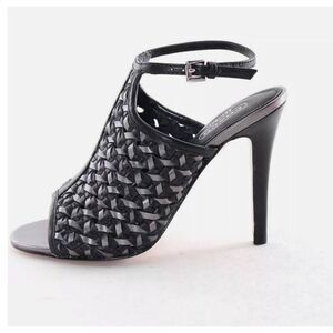 Coach Leela Leather Heels - Size 8.5 Black and Silver Woven Leather